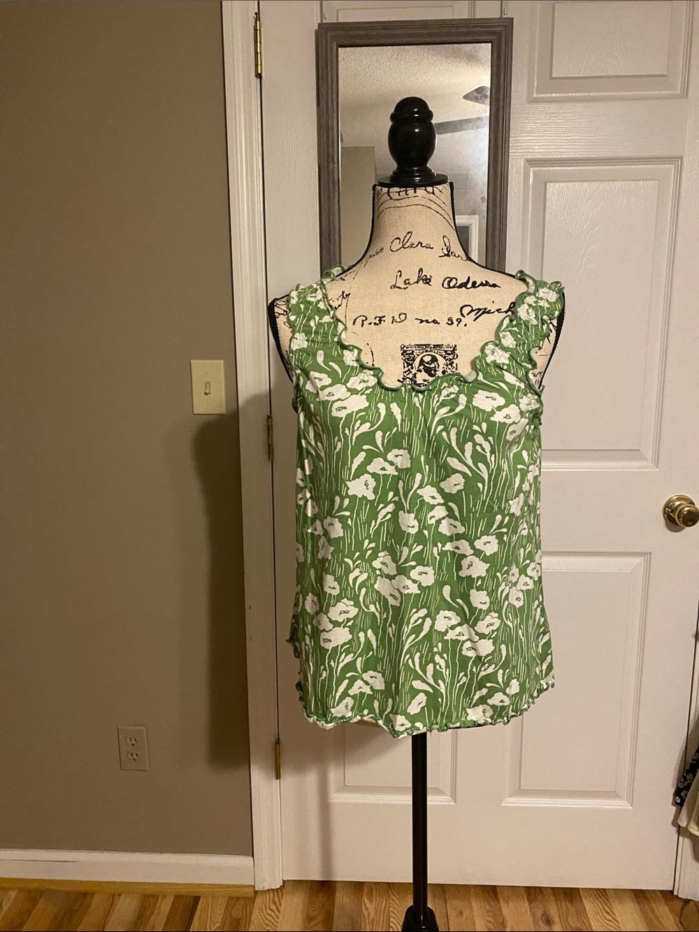 Madison Green and White Floral Lace-Trim Camisole